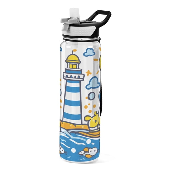 Children Doodle Style 1000ml Tritan Sport Bottle Straw LeakProof Food-Grade Portable Wide Handle