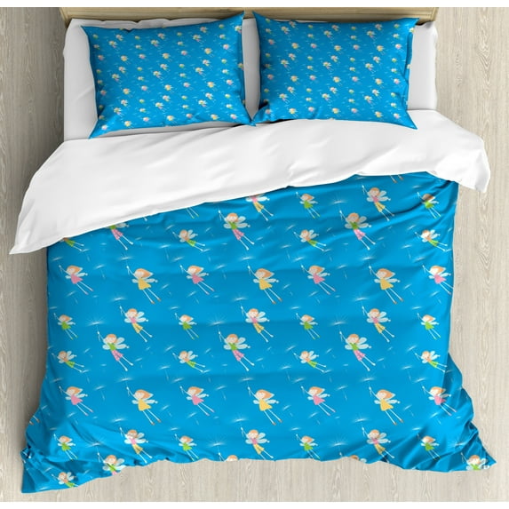 Children Duvet Cover Set King Size, Fairies in the Sky Flying Fantasy Girls Cheerful Little Elves Cartoon, Decorative 3 Piece Bedding Set with 2 Pillow Shams, Azure Blue Multicolor, by Ambesonne