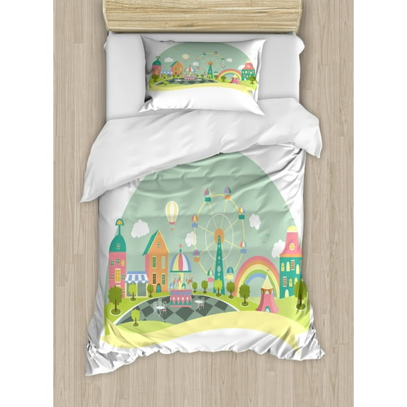 Children Duvet Cover Set Twin Size, Colorful Cartoon of Amusement Park Rainbow Air Balloon Ferris Wheel Carousel Fun, Decorative 2 Piece Bedding Set with 1 Pillow Sham, Multicolor, by Ambesonne