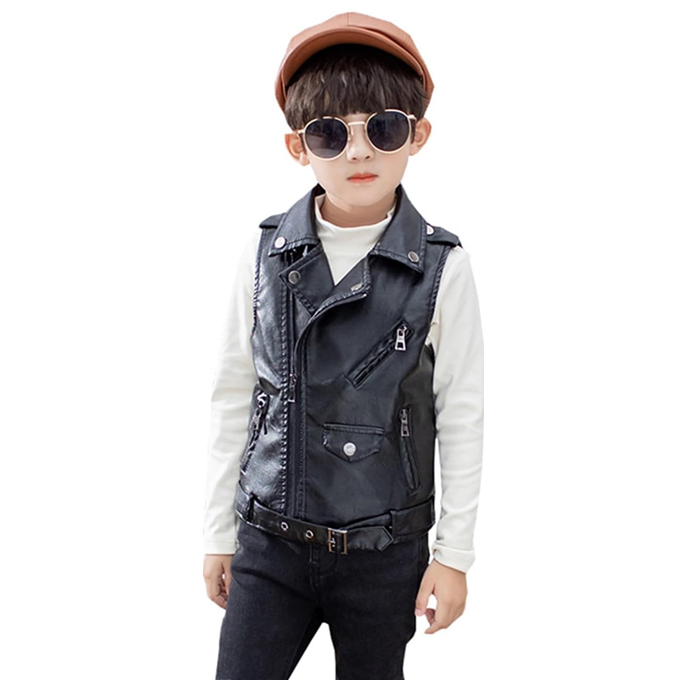 Children Faux Leather Motorcycle Vests Boys Jacket Black
