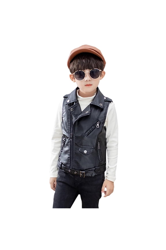 Children Faux Leather Motorcycle Vests Boys Jacket Black