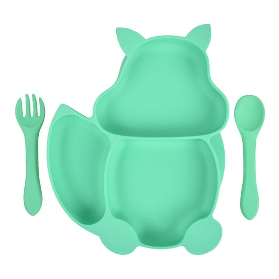 Children Feeding Tableware Cartoon Squirrel Food Silicone Plate Children Plate/ Children'S Feeding Tableware Cartoon Squirrel Divided Plate Green