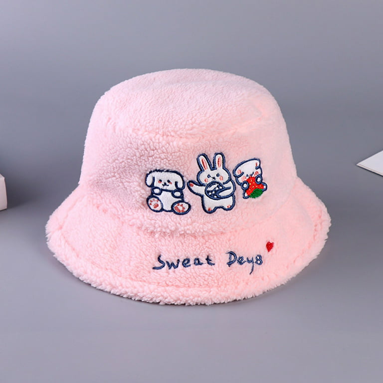 Children Fisherman Hat Autumn And Winter Fashionable Cartoon Animal Print  Cute And Comfortable Warm Lamb Wool Bucket Hats Pink