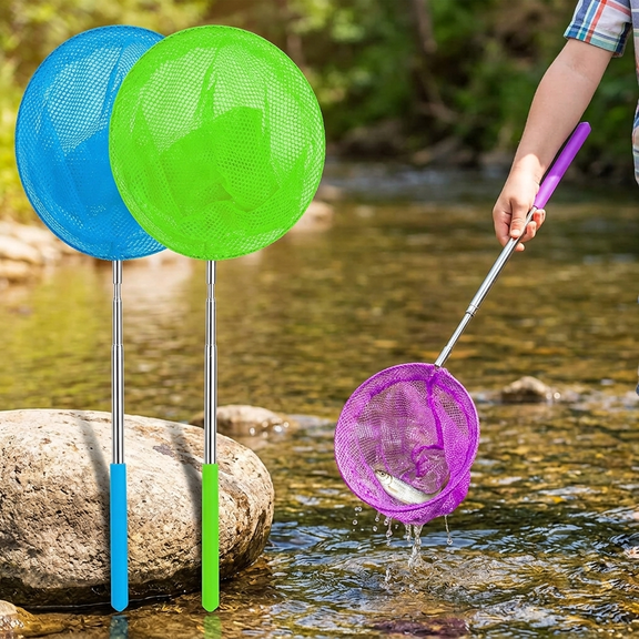 Children Fishing Net Stainless Steel Retractable Net - 3 Pack Small Outdoor Toy with Extendable Pole for Kids Catch and Release - Lightweight Portable Nature Exploration Nets for Pond Lake Creek
