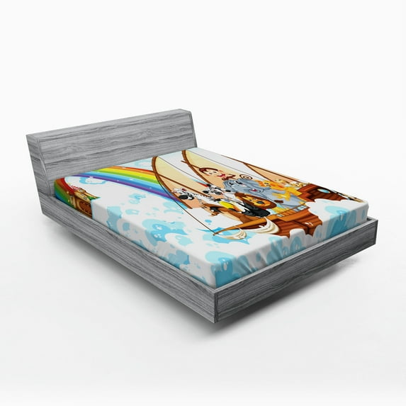 Children Fitted Sheet, Many Animals on a Boat Noah's Ark in Fluffy Clouds with Rainbow Fantasy Cartoon, Soft Decorative Fabric Bedding, Queen Size, Multicolor, by Ambesonne
