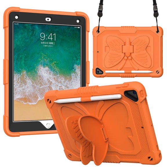Children-Friendly Case for iPad 9.7" 6th Gen 2018, iPad Pro 9.7" Cover with Pencil Holder, Allytech Rugged Hard PC + TPU Kidsproof Hybrid Protection Pen Slot Case for iPad 6 2018, Orange
