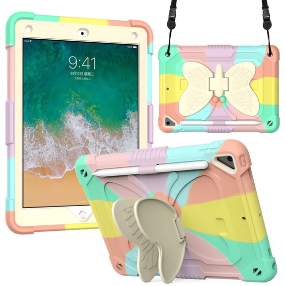 Children-Friendly Case for iPad 9.7" 6th Gen 2018, iPad Pro 9.7" Cover with Pencil Holder, Allytech Rugged Hard PC + TPU Kidsproof Hybrid Protection Pen Slot Case for iPad 6 2018,Colorful Pink + Beige
