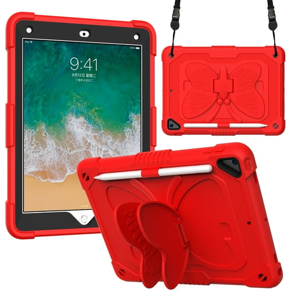 Children-Friendly Case for iPad 9.7" 6th Gen 2018, iPad Pro 9.7" Cover with Pencil Holder, Allytech Rugged Hard PC + TPU Kidsproof Hybrid Protection Pen Slot Case for iPad 6 2018, Red