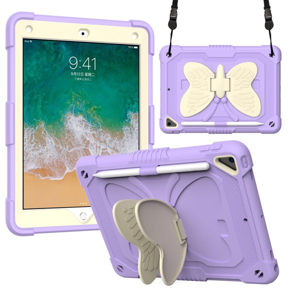 Children-Friendly Case for iPad 9.7" 6th Gen 2018, iPad Pro 9.7" Cover with Pencil Holder, Allytech Rugged Hard PC + TPU Kidsproof Hybrid Protection Pen Slot Case for iPad 6 2018, Purple + Beige