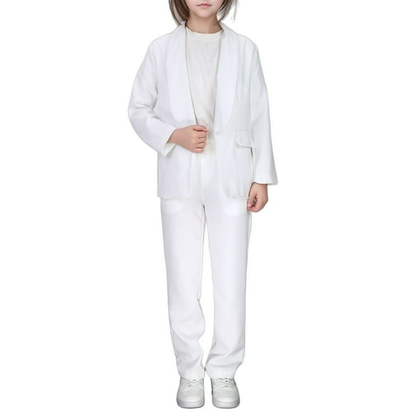 Children Girl Clothing Sets Solid Color Lapel Suit Coat Button Down Long Seelve Blazer Jacket And Pants Set,White,5-6 Years