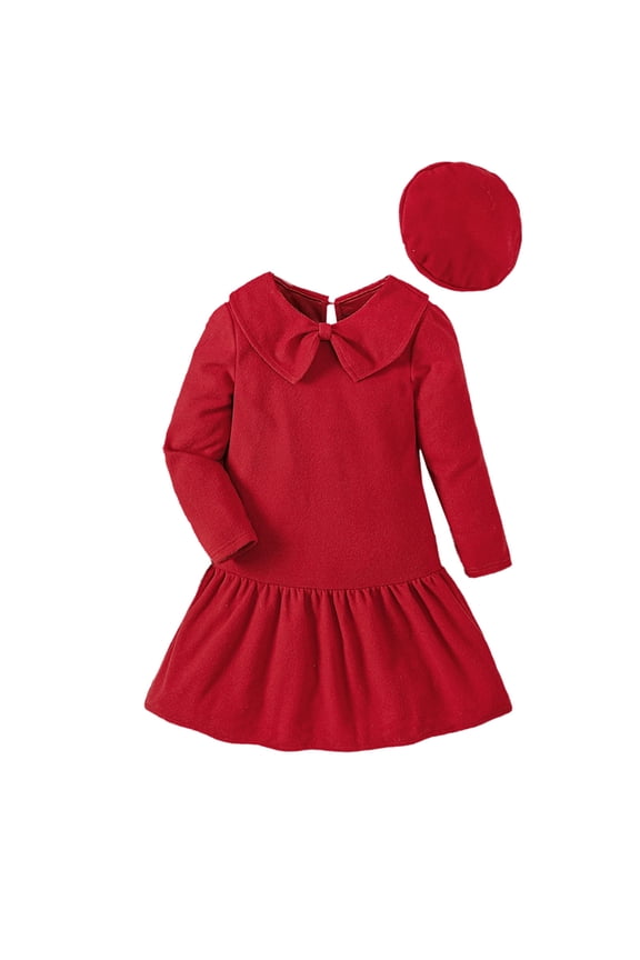Children Girls Christmas Long Sleeve Solid Bowknot Dresses Princess Dress Clothes Hat Outfits,Size 7-8 Years