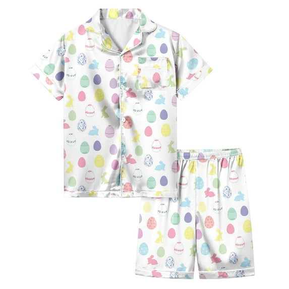 Children Girls Easter Pajamas Set 5t Cartoon Rabbit Short Sleeve Shirt Cute Button Down 2 Piece Pjs for Girls Kids White,10-11 Years