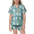 thumbnail image 1 of Children Girls Easter Pajamas Set Size 7 Button-Up Fashion Short Sleeve Shirt Tops + Shorts Pants Cartoon Print Easter Day 2 Piece Summer Loungewear Nightwear Outfits 6-7 Years, 1 of 6