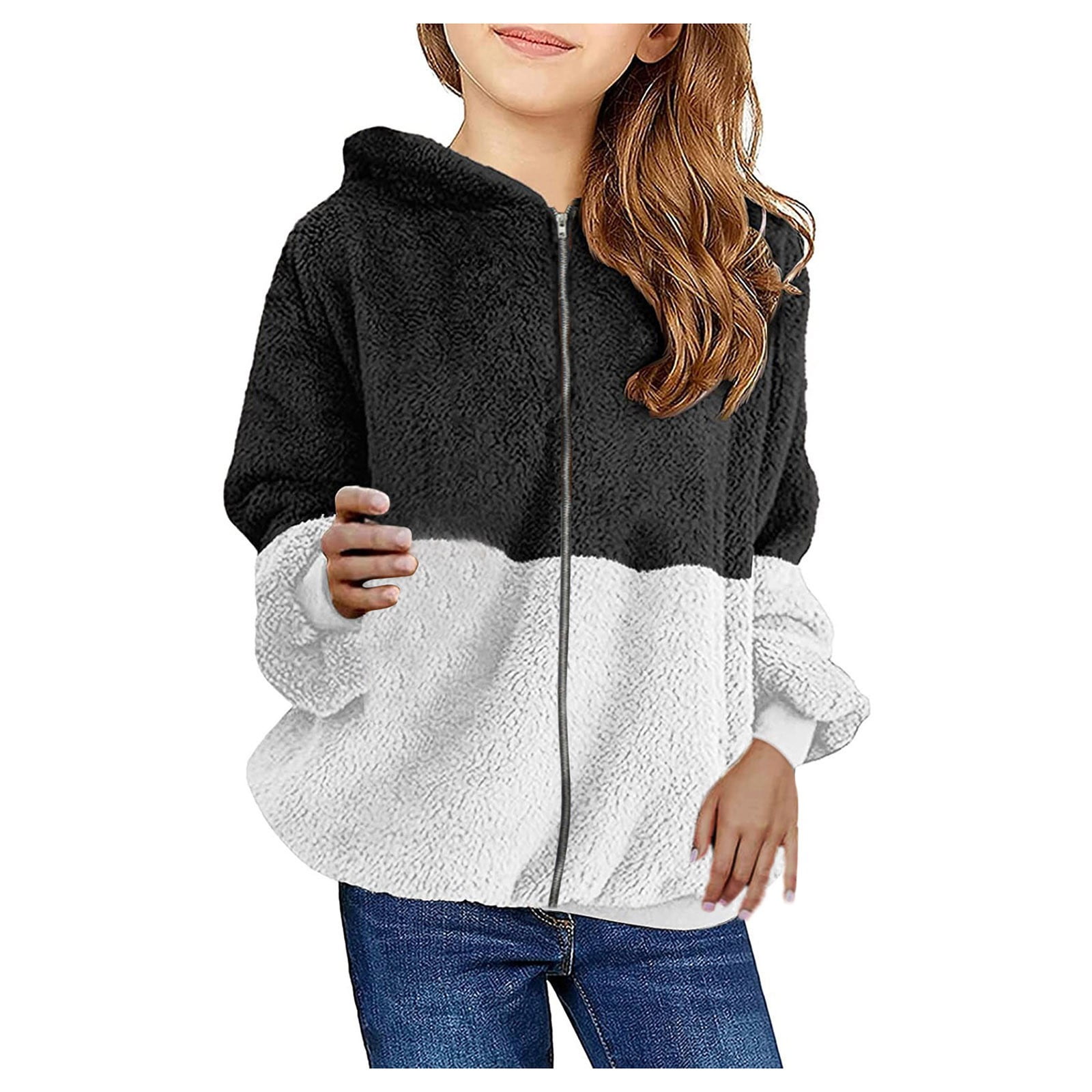 Children Girls Hooded Sweatshirt Coat Winter Warm Wool Zipper Pockets