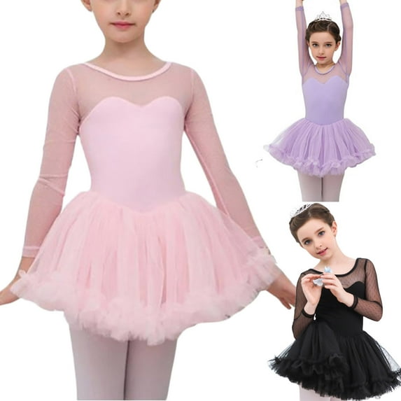Children Girls Lace Long Sleeve Ballet Latin Proctice Dress Dancewear Costumes,4-14Y