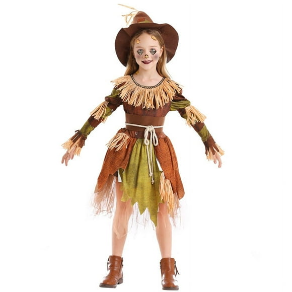 Children Girls Scary Farm Scarecrow Costume Party Dress up, 4-10Y