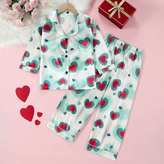 Children Girls Silk Pajamas Set Heart Printed Summer Pajamas Button Down Long Sleeve Top with Pants Classic Pajamas Set Girls Pajamas Size 4-5T