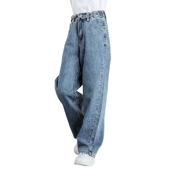 Children Girls Trousers Stylish Pants Resort Style Solid Color Jeans Straight High Waist 5-6 Years
