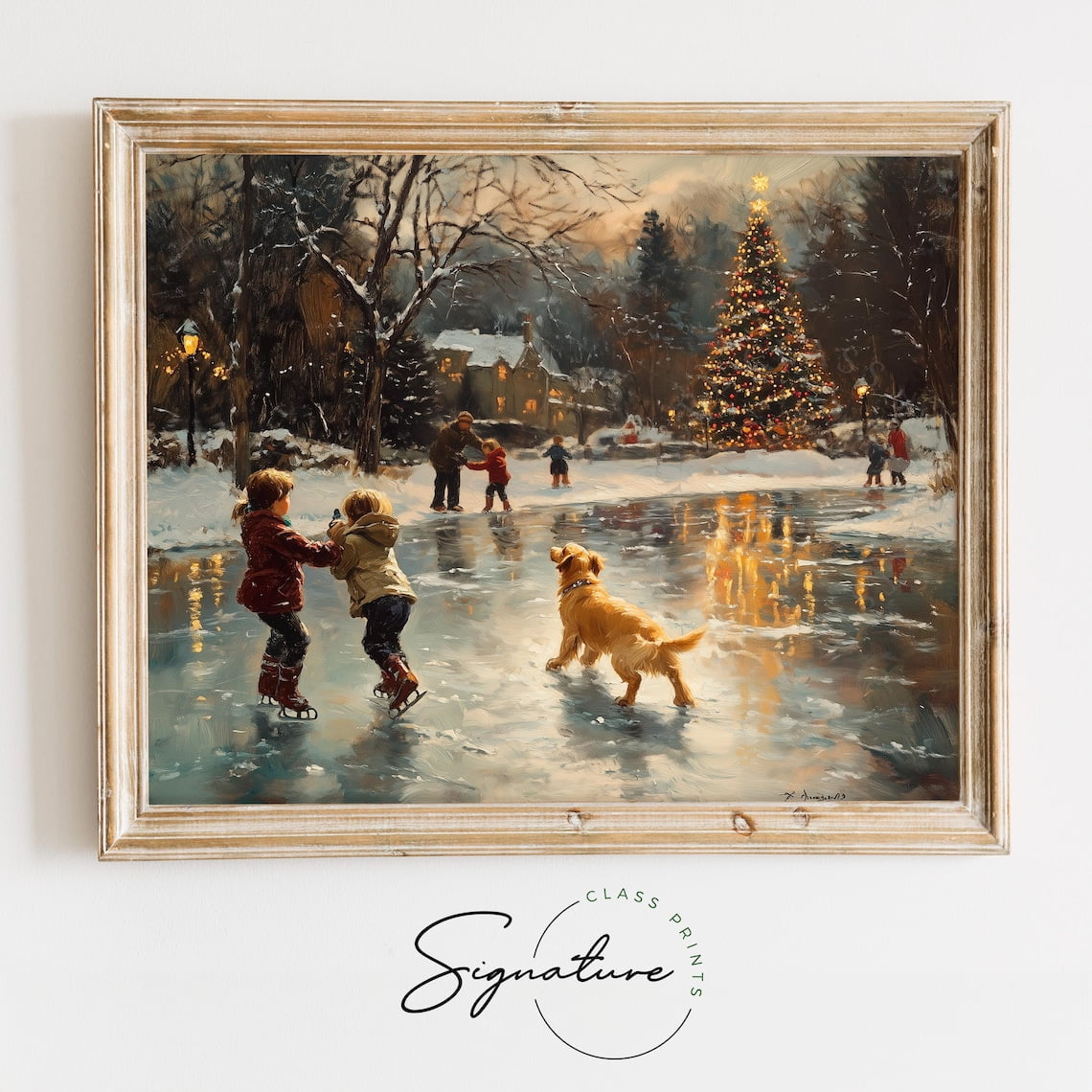 Children And Golden Retriever Playing In Snow, Rustic Winter Scene ...