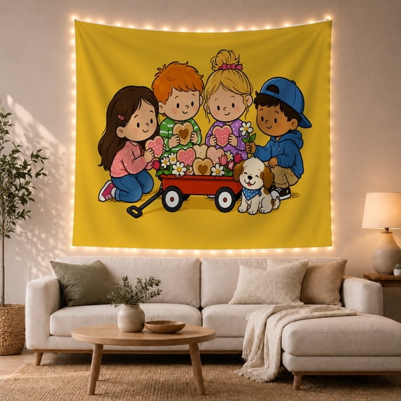 Children with Hearts in a Red Wagon on Yellow Background, Playful Illustration for Kids, Whimsical Character Art, Valentine's Day Gift Tapestry Wall Hanging for Bedroom and Living Room