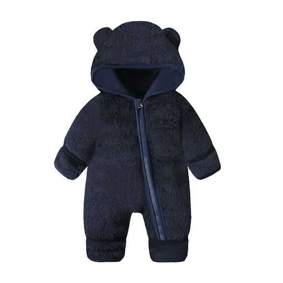 Children Hooded Fleece Jumpsuit Infant One Piece Romper Soft Plush Bodysuit with Bear Ear Design Full Length Sleeves Zip Closure for Newborns Toddlers