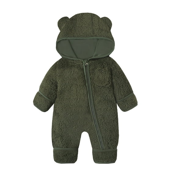 Children Hooded Fleece Jumpsuit Infant One Piece Romper Soft Plush Bodysuit with Bear Ear Design Full Length Sleeves Zip Closure for Newborns Toddlers