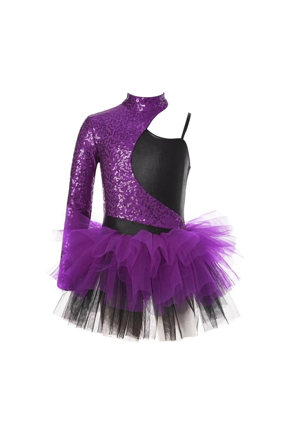 Children Jazz Dance Costumes Kids Girls Shiny Sequins Gymnastics Leotard Dress Asymmetrical Sleeves Skirt