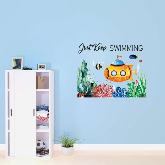 Children Just Swimming Cute Sports Wall Decal Decoration Underwater creatures with Submarine Cartoon Decal Lasts Years and Easily Removable - Size: 30 In(W) x 24 In(H)