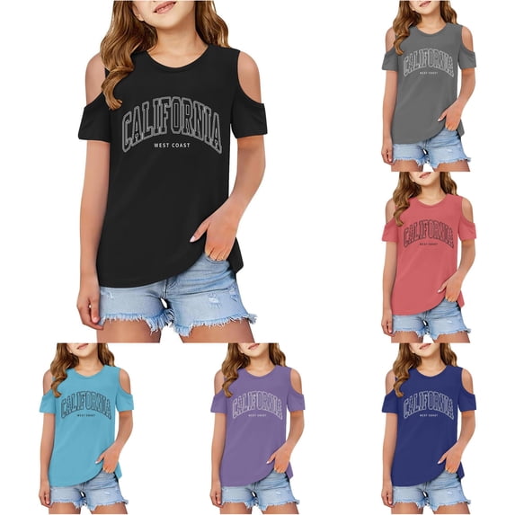 Children Kids Girls Short Sleeve Cold Shoulder T Shirts Kids Summer Oversized Tops Casual Crewneck Basic Tees 5 Days of Summer Shirt 3-4 Years