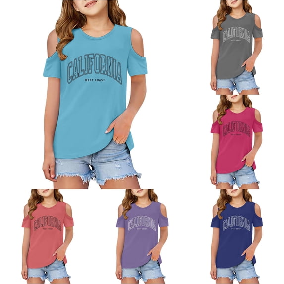 Children Kids Girls Short Sleeve Cold Shoulder T Shirts Kids Summer Oversized Tops Casual Crewneck Basic Tees 5 Days of Summer Shirt 3-4 Years