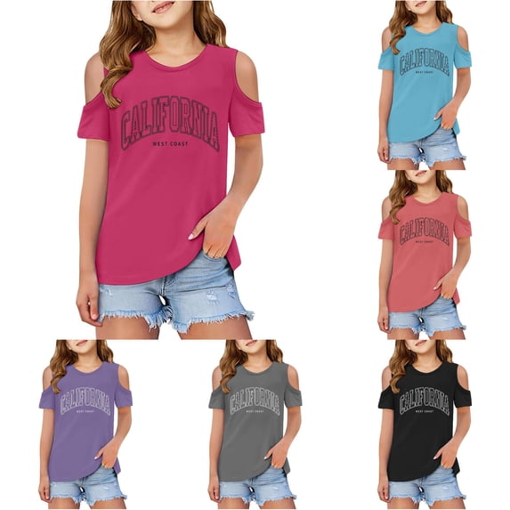 Children Kids Girls Short Sleeve Cold Shoulder T Shirts Kids Summer Oversized Tops Casual Crewneck Basic Tees 5 Days of Summer Shirt 9-10 Years