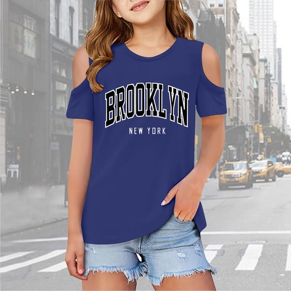 Children Kids Girls Short Sleeve Cold Shoulder T Shirts Kids Summer Oversized Tops Casual Crewneck Basic Tees Soft Shirts Tees Tops Girls ,Blue,11-12 Years
