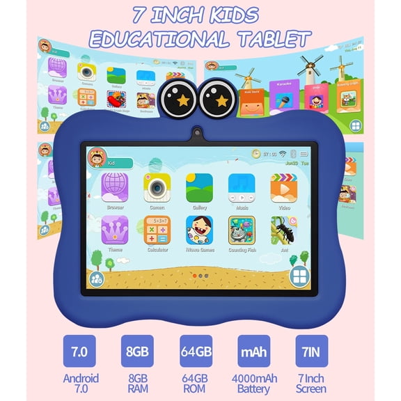 Children/Kids Tablet, 7 Inch, Android 7.0, 8GB RAM + 64GB ROM, Eye Protection LCD Screen, 4000mAh Battery, WiFi Bluetooth, 0.3MP Front & 0.3MP Rear Camera, Toddler Learning Tablet for Boys Girls