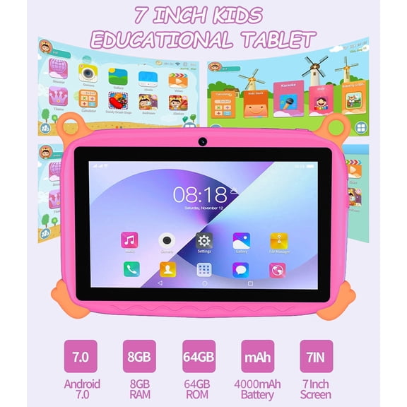 Children/Kids Tablet, 7 Inch, Android 7.0, 8GB RAM + 64GB ROM, Eye Protection LCD Screen, 4000mAh Battery, WiFi Bluetooth, 0.3MP Front & 0.3MP Rear Camera, Toddler Learning Tablet for Boys Girls