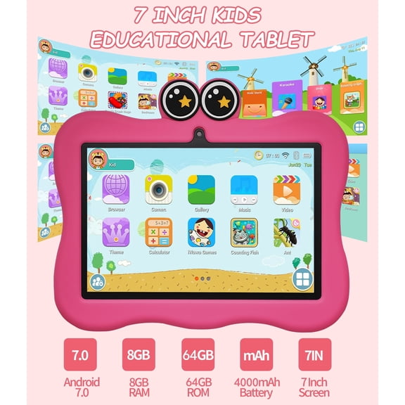 Children/Kids Tablet, 7 Inch, Android 7.0, 8GB RAM + 64GB ROM, Eye Protection LCD Screen, 4000mAh Battery, WiFi Bluetooth, 0.3MP Front & 0.3MP Rear Camera, Toddler Learning Tablet for Boys Girls