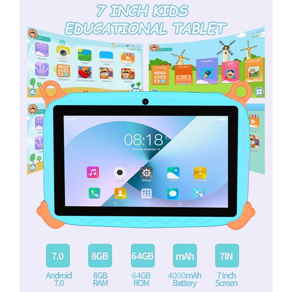 Children/Kids Tablet, 7 Inch, Android 7.0, 8GB RAM + 64GB ROM, Eye Protection LCD Screen, 4000mAh Battery, WiFi Bluetooth, 2MP Front & 5MP Rear Camera, Toddler Learning Tablet for Boys Girls