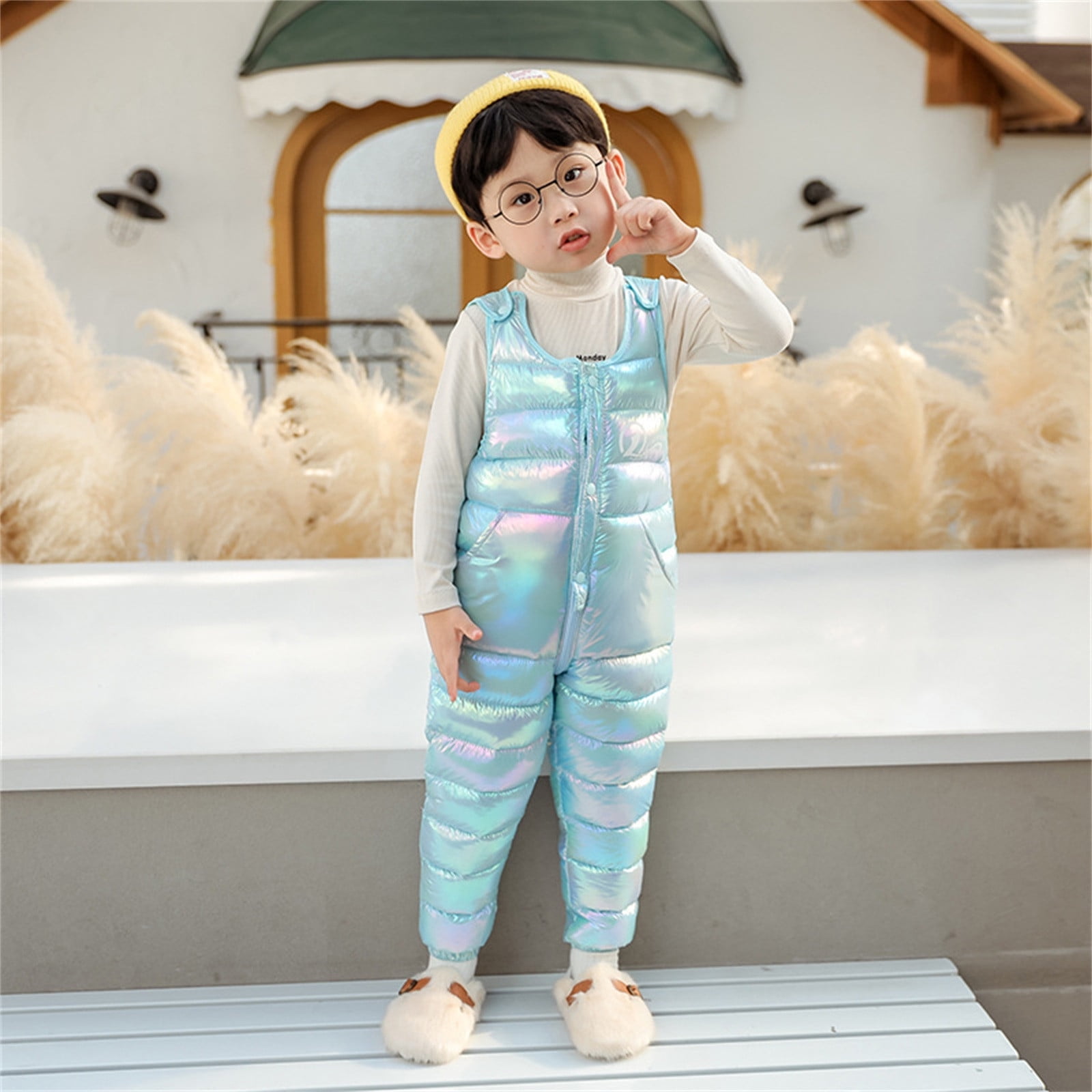 Children Kids Toddler Toddler Baby Boys Girls Sleeveless Winter Warm Shiny  Jumpsuit Cotton Wadded Suspender Ski Bib Pants Overalls Trousers Outfit  Clothes Light Blue 90 