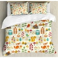 thumbnail image 1 of Children King Size Duvet Cover Set, Cute Kids Autumn Pattern with Owl Fox Squirrel Birds Animal Leaves Artsy Print, Decorative 3 Piece Bedding Set with 2 Pillow Shams, Multicolor, by Ambesonne, 1 of 3