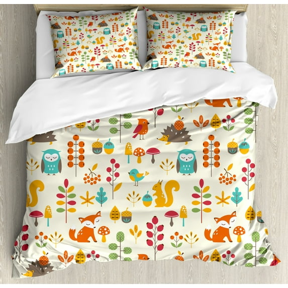 Children King Size Duvet Cover Set, Cute Kids Autumn Pattern with Owl Fox Squirrel Birds Animal Leaves Artsy Print, Decorative 3 Piece Bedding Set with 2 Pillow Shams, Multicolor, by Ambesonne
