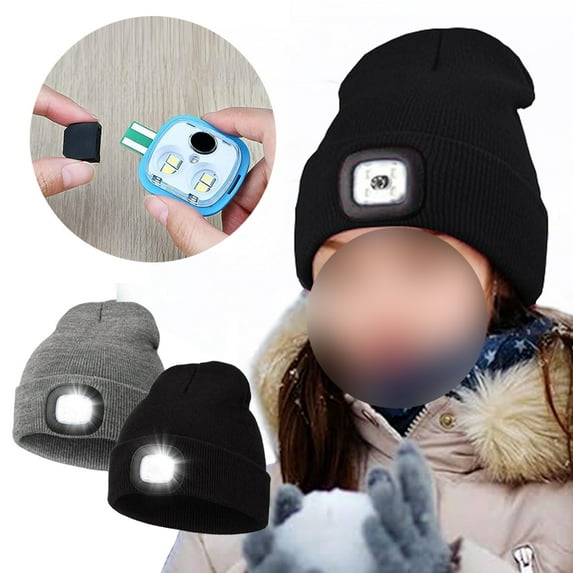 Children LED Beanie Hat with Light Rechargeable Headlamp Cap, IC ICLOVER Unisex Winter Warm Knitted Hats, Headlight Flashlight Beanie for Kids Boys Girls Black