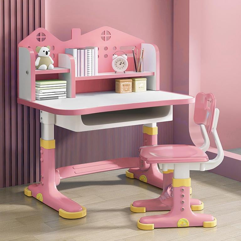 Children Learning Desk and Chair Set Desk Set Height Adjustable with Drawers and Storage Compartments Curved Desktop Cartoon Learning Desks and Chairs Reading/Learning/Writing for Girls (Pink #3)