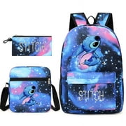 MENGEN Children Lilo & Stitch Backpack,3Pcs Starry Night Bookbag School Backpack for Travel, Schoolbag for Boys Girls Kids Children Bookbag Casual with Pencil Case，Back to School/Style 1