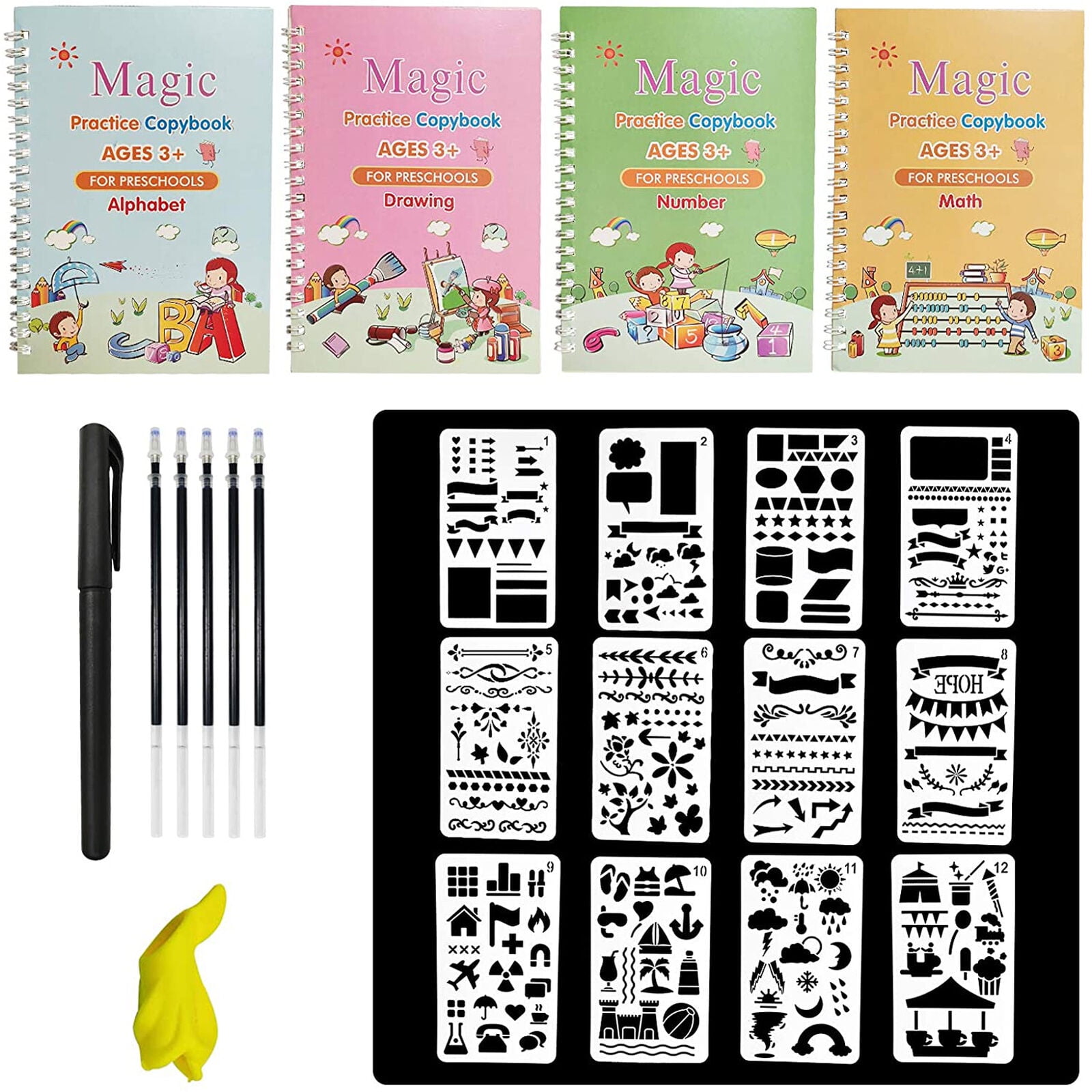  4 Pc Magic Practice Copybook,Reusable Grooved Writing Books, Handwriting Book Practice For Kids,Groovd Kids Writing Preschool For Kids  Ages 3-8 Calligraphy