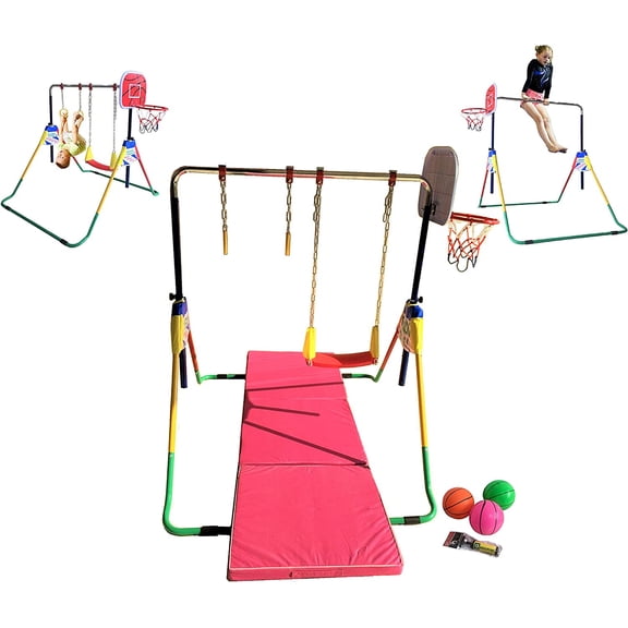 Children Monkey Bar Gymnastics Athletic Expandable Kip Balance Bars Junior Training Play Gym Yellow Red with 2Ft x 6Ft Gymnastic Mat & Basketball Stand & Swing Seat & Trapeze Rings