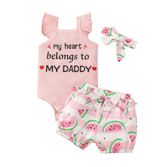 Children Outfit Letter Printing Girls Valentine's Day Romper Bodysuit Bowknot Watermelon Prints Shorts Headbands Outfits Party Featival Clothes For Child