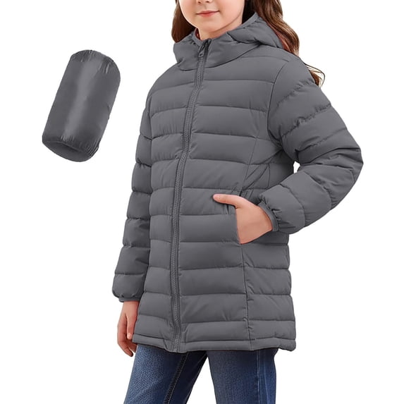 Children Packable Quilted Jackets, Boys Girls Lightweight Long Coat, Windbreaker with Hood Kids Outwear Winter Padded Coats Dark Gray 4Y