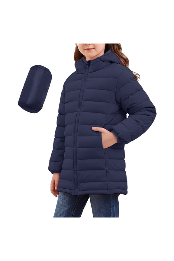 Children Packable Quilted Jackets, Boys Girls Lightweight Long Coat, Windbreaker with Hood Kids Outwear Winter Padded Coats Navy 4Y