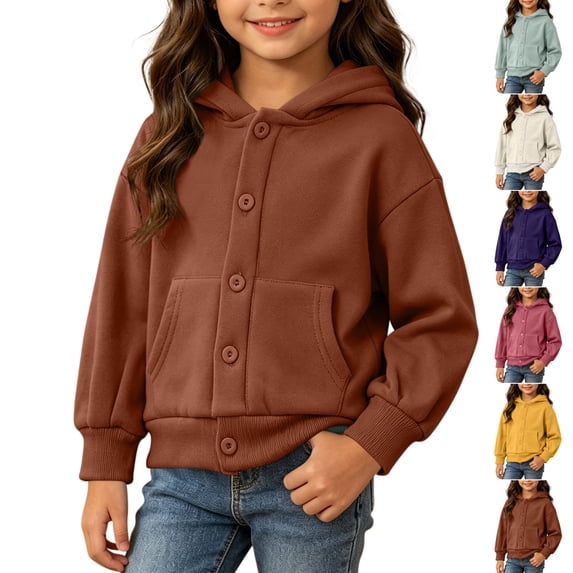 Children Padded Jackets for Girls Dqueduo Boys And Girls Button Down Hooded Fleece Long Sleeve Pocket Casual Coat Jacket Brown 2-3 Years