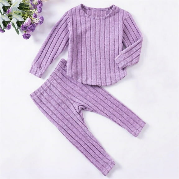 Children Pajamas Boys New Children's Solid Color Round Neck Long Sleeved Tops with Elastic Waist Long Pants Casual and Comfortable Suit Style B-36 Purple 4 Years