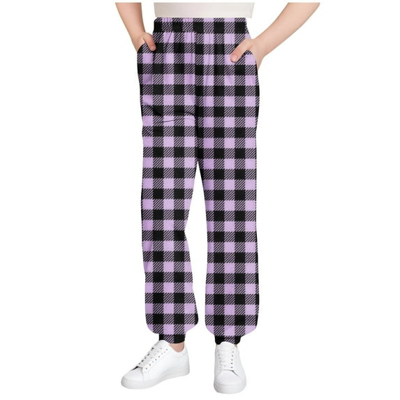 Children Plaid Pajamas Pants Sports Loungewear Cute Pants Boys Girls Jogger Sweatpants Homewear Thin Trousers Streetwear Boys Full-Length Trousers Purple 160